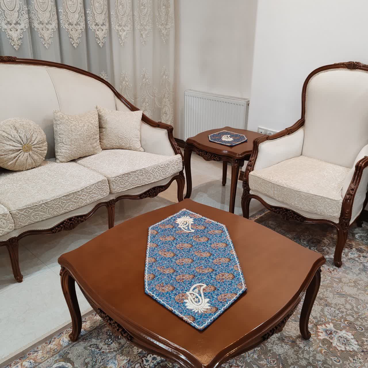 رومیزی مبل ترمه اصل یزد کار دست مروارید و سرمه دوزی سه تیکه