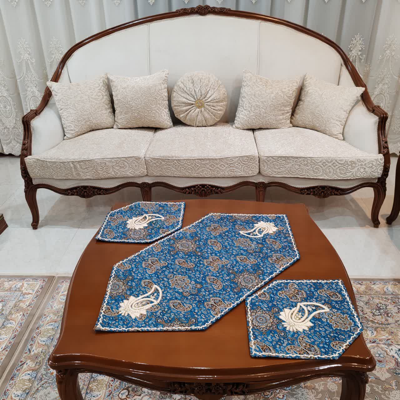 رومیزی مبل ترمه اصل یزد کار دست مروارید و سرمه دوزی سه تیکه