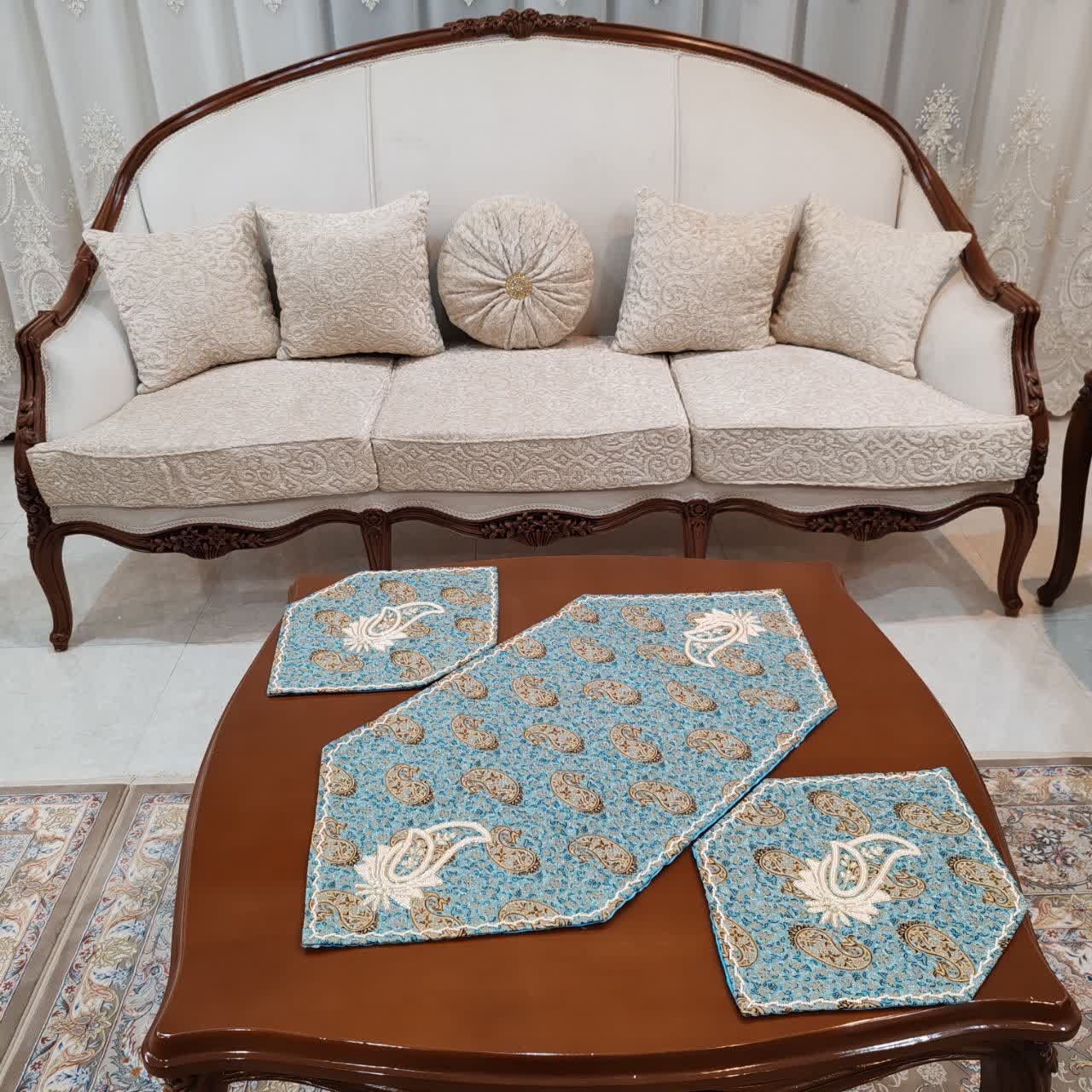 رومیزی مبل ترمه اصل یزد کار دست مروارید و سرمه دوزی سه تیکه