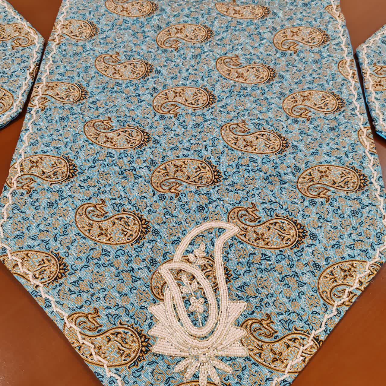 رومیزی مبل ترمه اصل یزد کار دست مروارید و سرمه دوزی سه تیکه