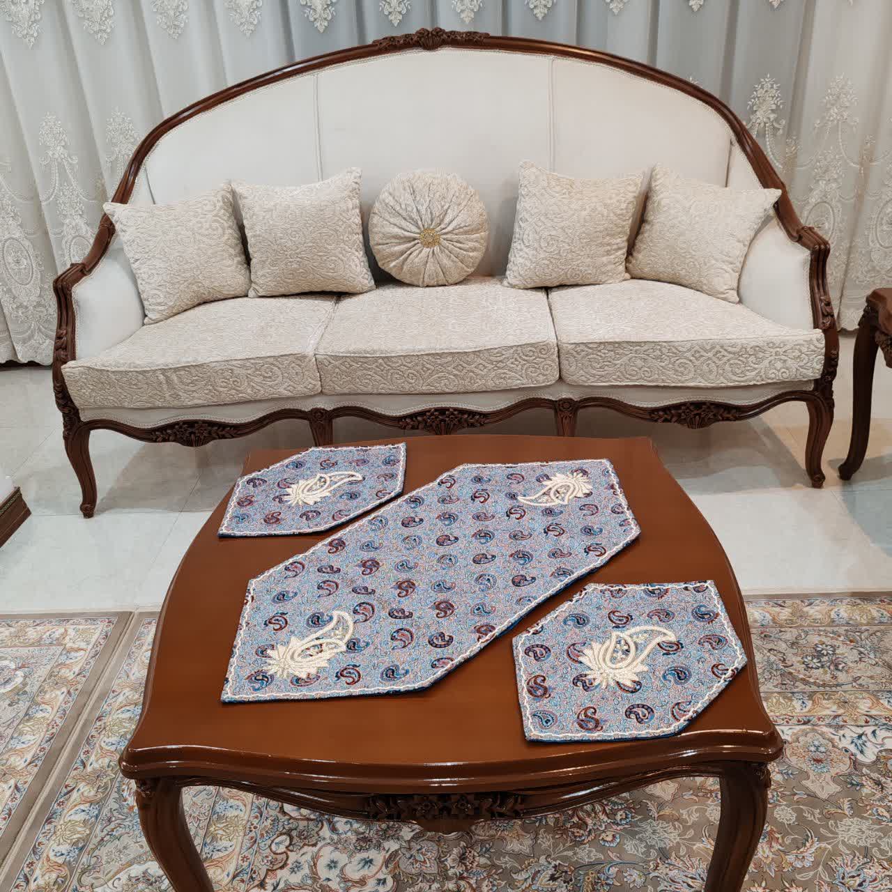 رومیزی مبل ترمه اصل یزد کار دست مروارید و سرمه دوزی سه تیکه