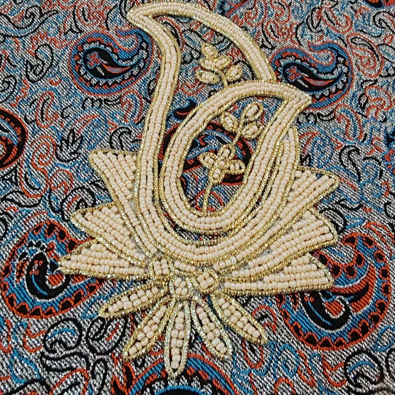 رومیزی مبل ترمه اصل یزد کار دست مروارید و سرمه دوزی سه تیکه