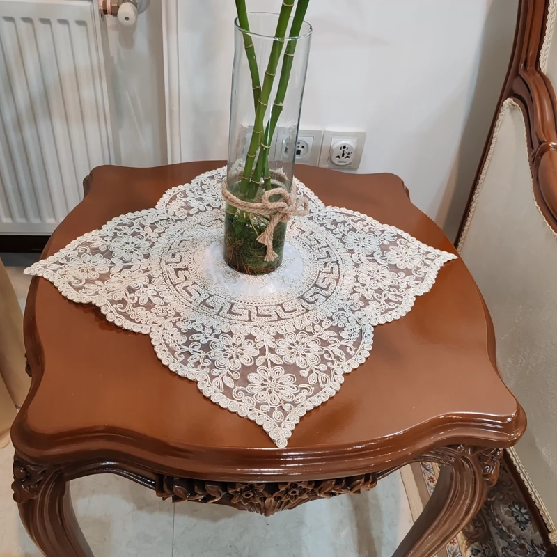 رومیزی عسلی دانتل مخمل مربع و گرد 40 سانتی