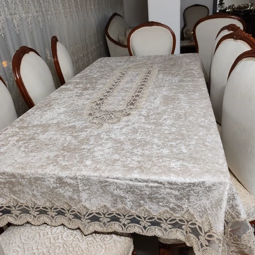 رومیزی غذاخوری 4 نفره مخمل دانتل ترک گندمی