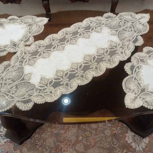 رومیزی مخمل دانتل ترک طرح گندمی 3 تکه بیضی