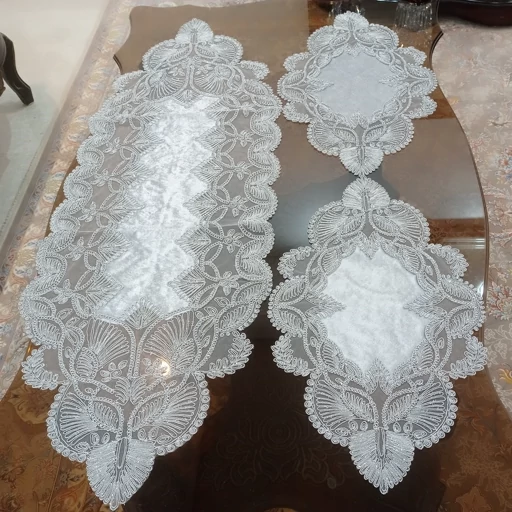 رومیزی مخمل دانتل ترک طرح گندمی 3 تکه بیضی