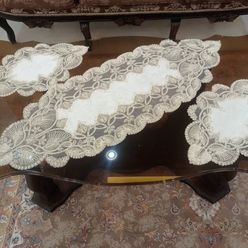 رومیزی چهار تکه مخمل دانتل ترک طرح گندمی