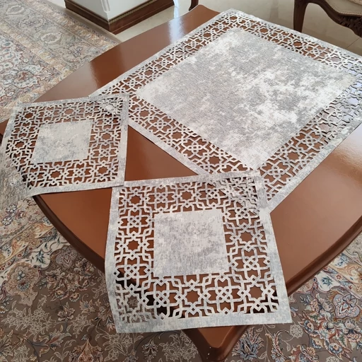 رومیزی مربع پتینه لیزری سه تکه طرح اسلیمی جدید
