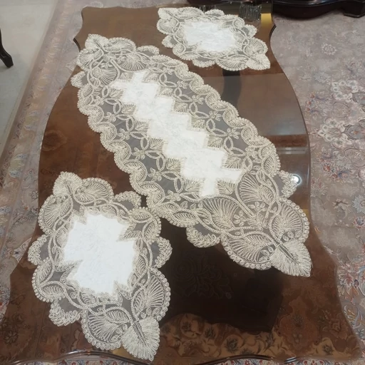 سرویس رومیزی مخمل دانتل ترک طرح گندمی 5 تکه مربع دار