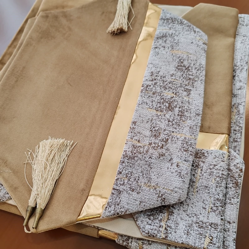 رومیزی مخمل پتینه ترکیبی 4 تکه با چرم طلایی