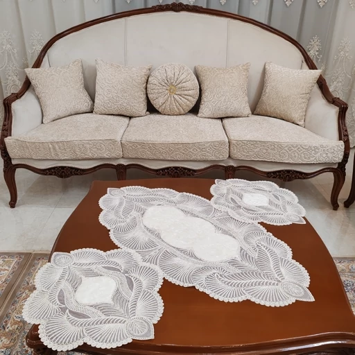 رومیزی مخمل دانتل جدید سه تکه مدل زیتون