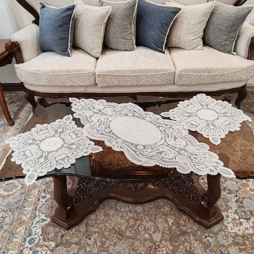 رومیزی مخمل دانتل بیضی مربع سه تکه طرح آنتیک جدید