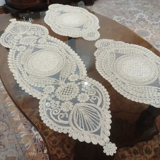 رومیزی بیضی مخمل دانتل ترک سه تکه طرح گندمک