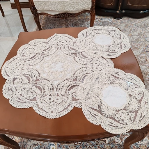 رومیزی گرد دانتل مخمل ترک سه تکه طرح کینگ