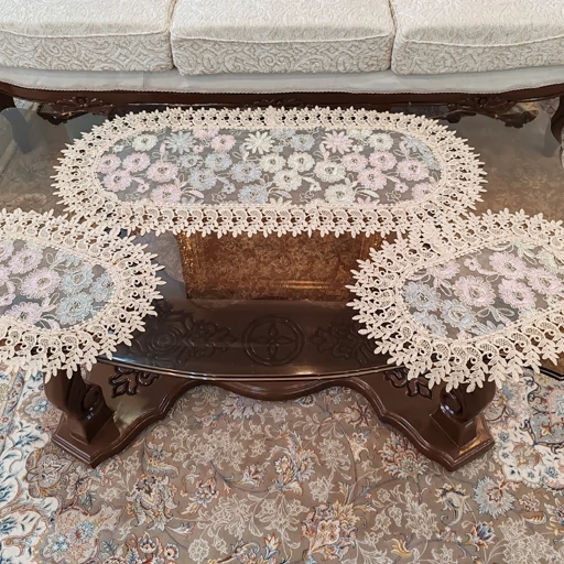 رومیزی بیضی سیم دوزی سه تکه گل طوسی صورتی