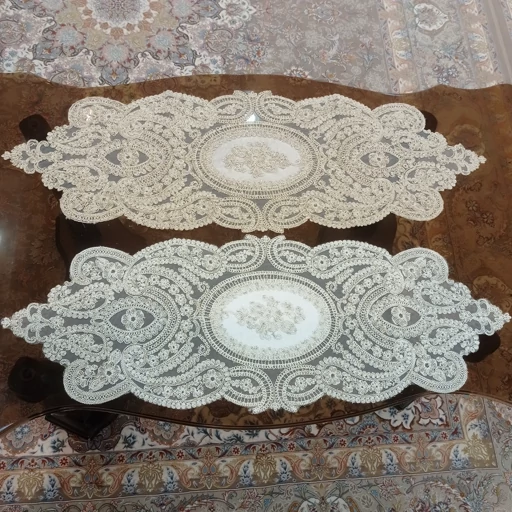 رومیزی بیضی مخمل دانتل سه تکه ترک طرح بوته جقه