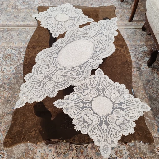 رومیزی مخمل دانتل بیضی مربع سه تکه طرح آنتیک جدید
