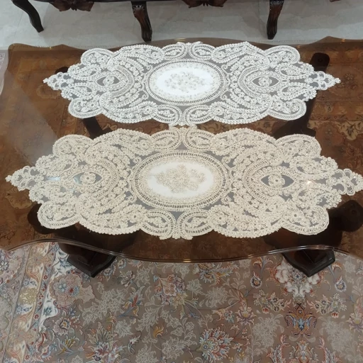 رومیزی بیضی مخمل دانتل سه تکه ترک طرح بوته جقه