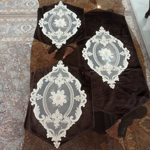 سرویس رومیزی مخمل دانتل جدید طرح گل برجسته 4 تکه