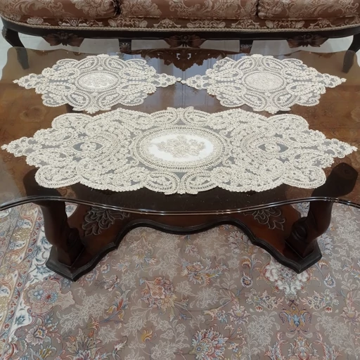 رومیزی بیضی مخمل دانتل سه تکه ترک طرح بوته جقه