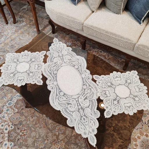 رومیزی مخمل دانتل بیضی مربع سه تکه طرح آنتیک جدید