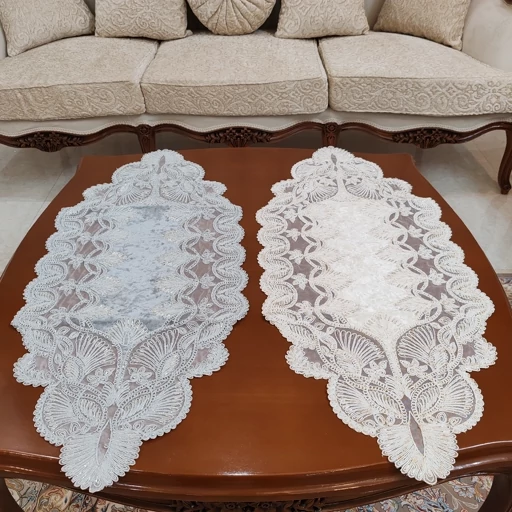 رومیزی مخمل دانتل ملیله دوزی طرح کاج سه تکه