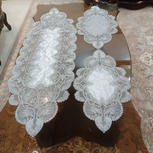 سرویس رومیزی مخمل دانتل ترک طرح گندمی 5 تکه مربع دار