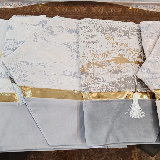 رومیزی مخمل پتینه ترکیبی 4 تکه با چرم طلایی