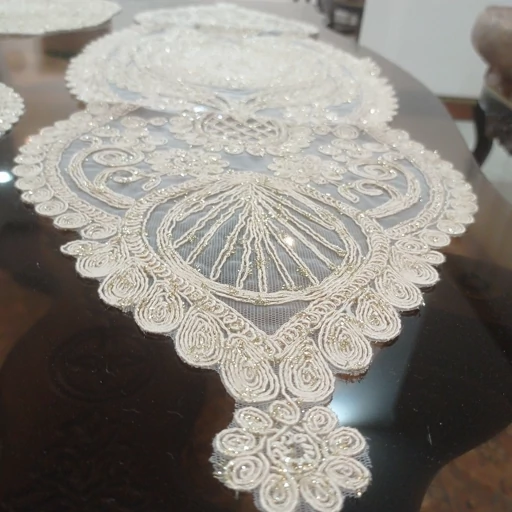 رومیزی بیضی مخمل دانتل ترک سه تکه طرح گندمک