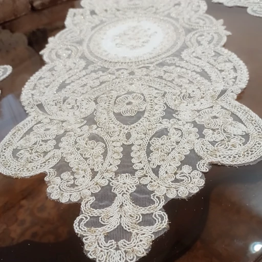 رومیزی بیضی مخمل دانتل سه تکه ترک طرح بوته جقه