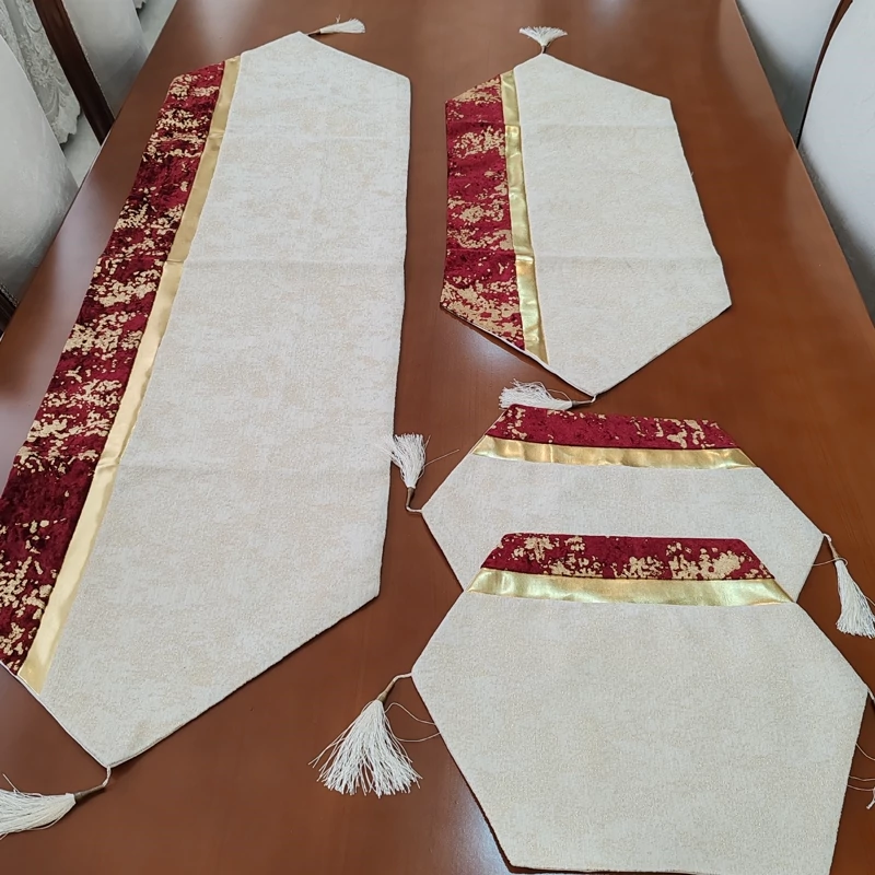 رومیزی مخمل پتینه ترکیبی 4 تکه با چرم طلایی