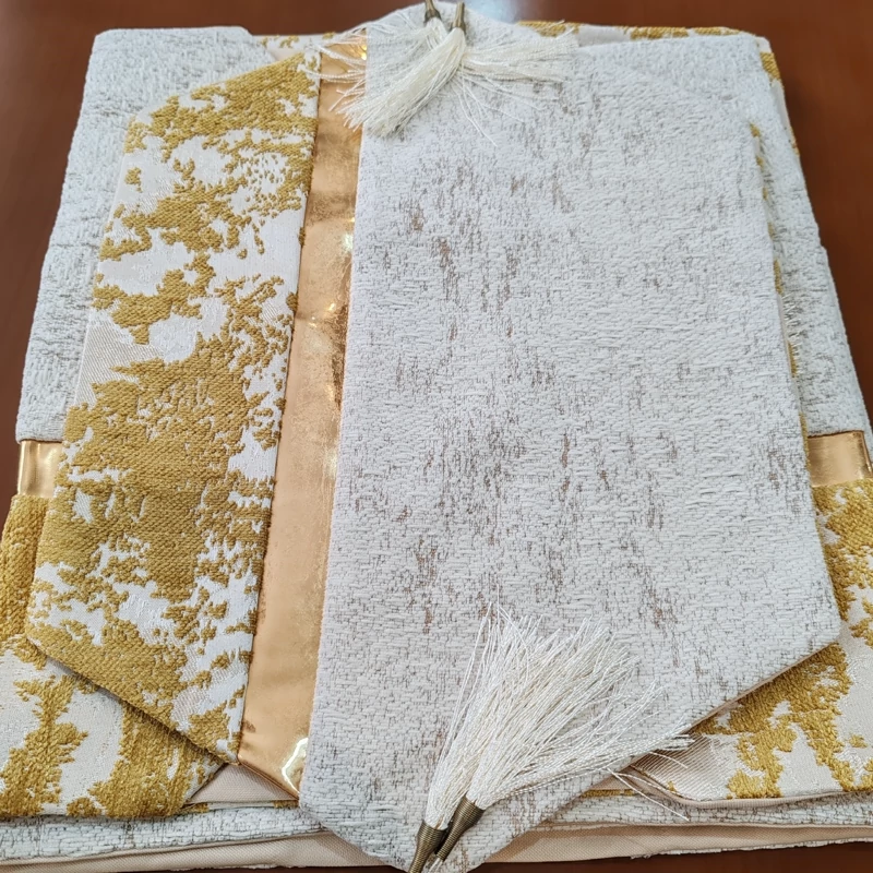 رومیزی مخمل پتینه ترکیبی 4 تکه با چرم طلایی