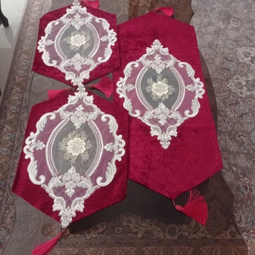 سرویس رومیزی مخمل دانتل جدید طرح گل برجسته 4 تکه