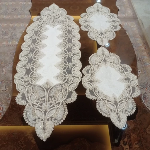 رومیزی کریستال دوزی مخمل دانتل سه تکه ترک طرح گندمی