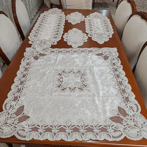 سرویس رومیزی پنج تکه ملیله دوزی مخمل دانتل گندمی