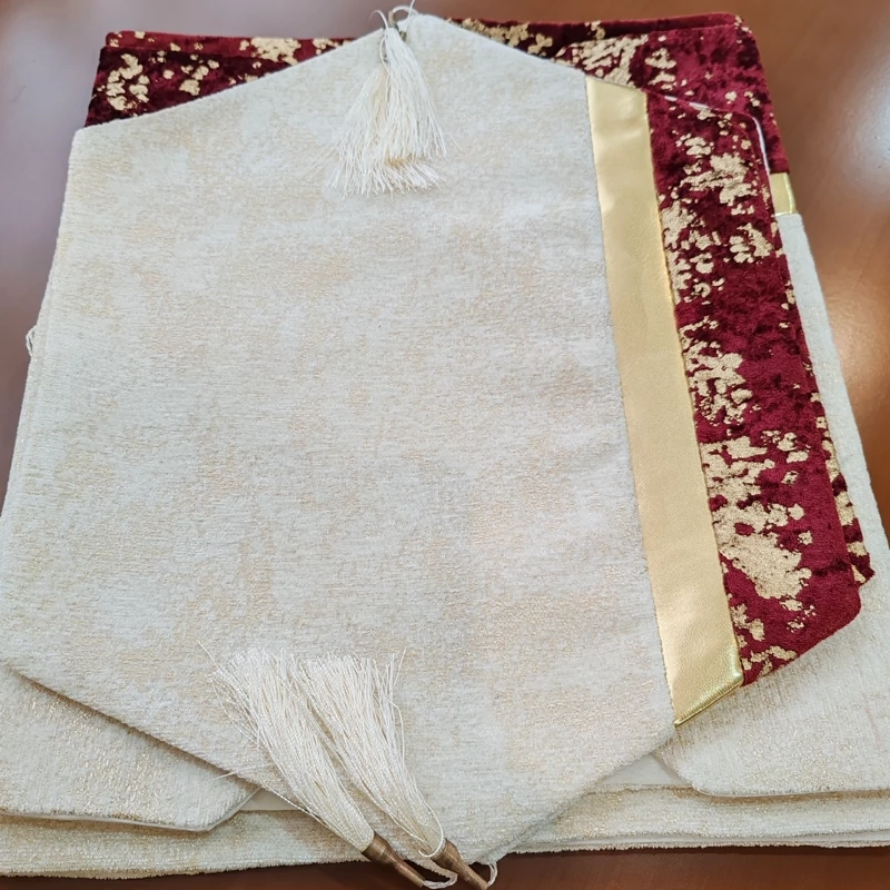 رومیزی مخمل پتینه ترکیبی 4 تکه با چرم طلایی