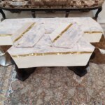 رومیزی مخمل پتینه ترکیبی 4 تکه با چرم طلایی