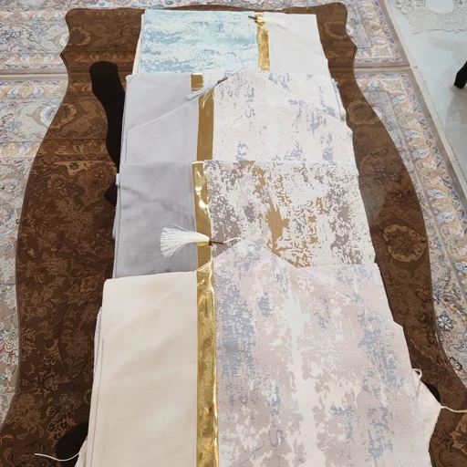 رومیزی مخمل پتینه ترکیبی 4 تکه با چرم طلایی