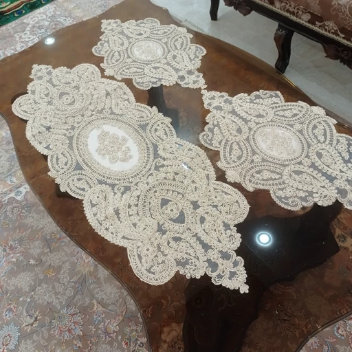 رومیزی بیضی مخمل دانتل سه تکه ترک طرح بوته جقه