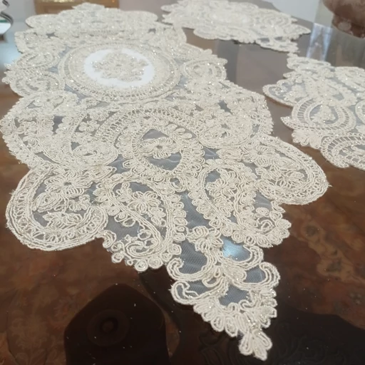 رومیزی بیضی مخمل دانتل سه تکه ترک طرح بوته جقه