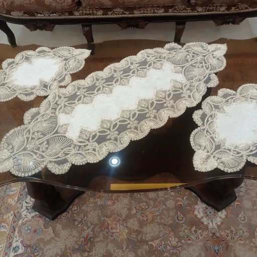 سرویس رومیزی مخمل دانتل ترک طرح گندمی 5 تکه مربع دار
