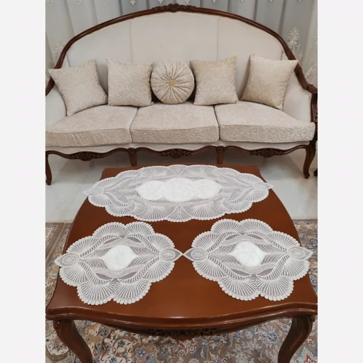 رومیزی مخمل دانتل جدید سه تکه مدل زیتون