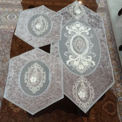 سرویس رومیزی مخمل دانتل جدید طرح گل برجسته 4 تکه