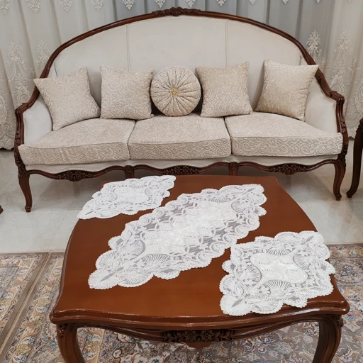 رومیزی مخمل دانتل ملیله دوزی طرح کاج سه تکه