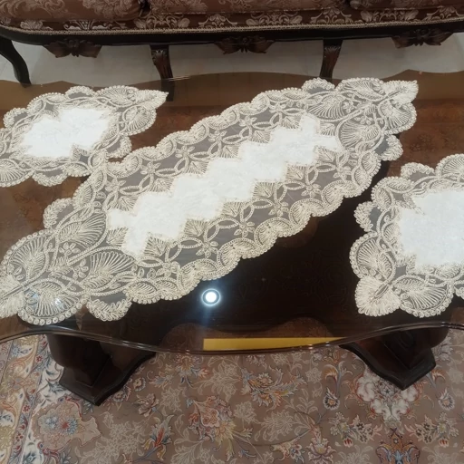 رومیزی مخمل دانتل ترک طرح گندمی 3 تکه بیضی