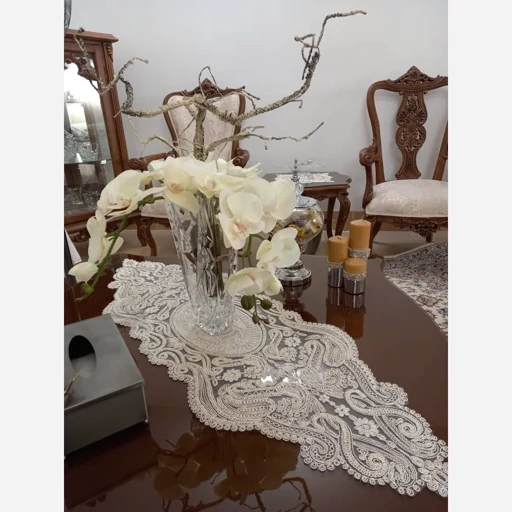 رانر غذاخوری دانتل مخمل شش نفره طرح لاله