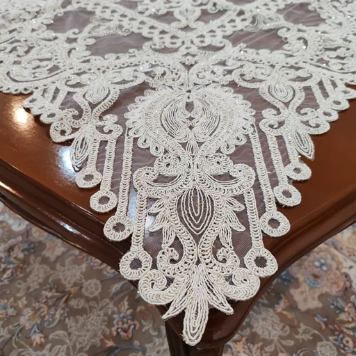 رومیزی مربع دانتل ترک اصل سه تکه طرح الگانت