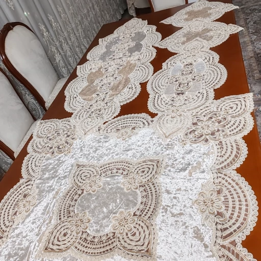 ست رومیزی پنج تکه مخمل دانتل ترک اصل طرح درسا