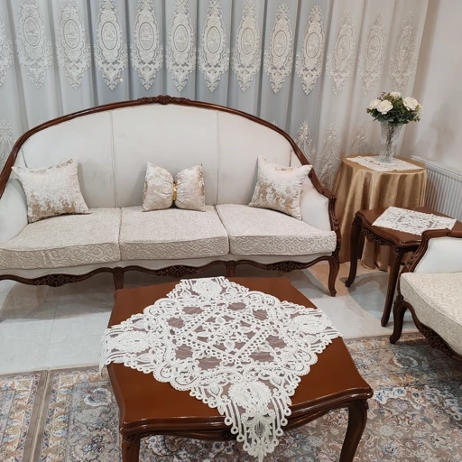 رومیزی مربع دانتل ترک اصل سه تکه طرح الگانت