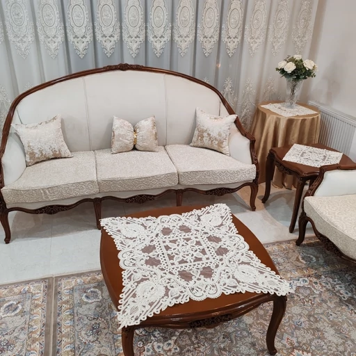 رومیزی مربع دانتل ترک اصل سه تکه طرح الگانت